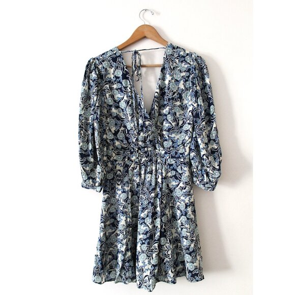 REISS Daisy Puff Sleeve Print Mini Dress / Size 6 / Blue White Floral V-Neck - Picture 6 of 13